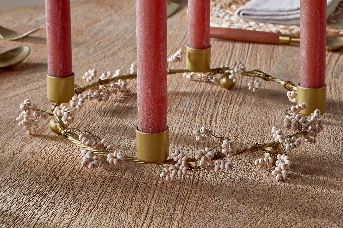 Nkuku - Tanu Mango Wood Beaded Candle Holder - Brass & Natural