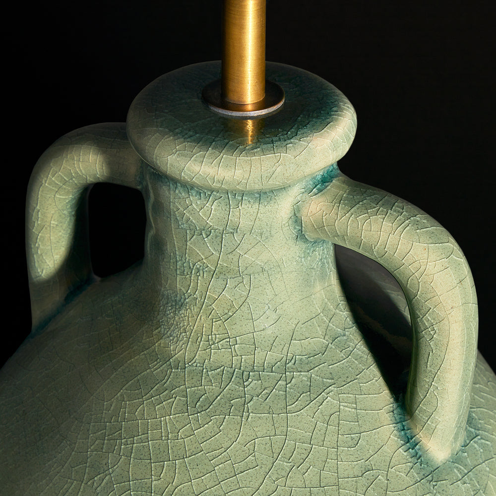 Close up of the crackled glaze on the Pooky - Ampulla Table Lamp Base - Dark Celadon.