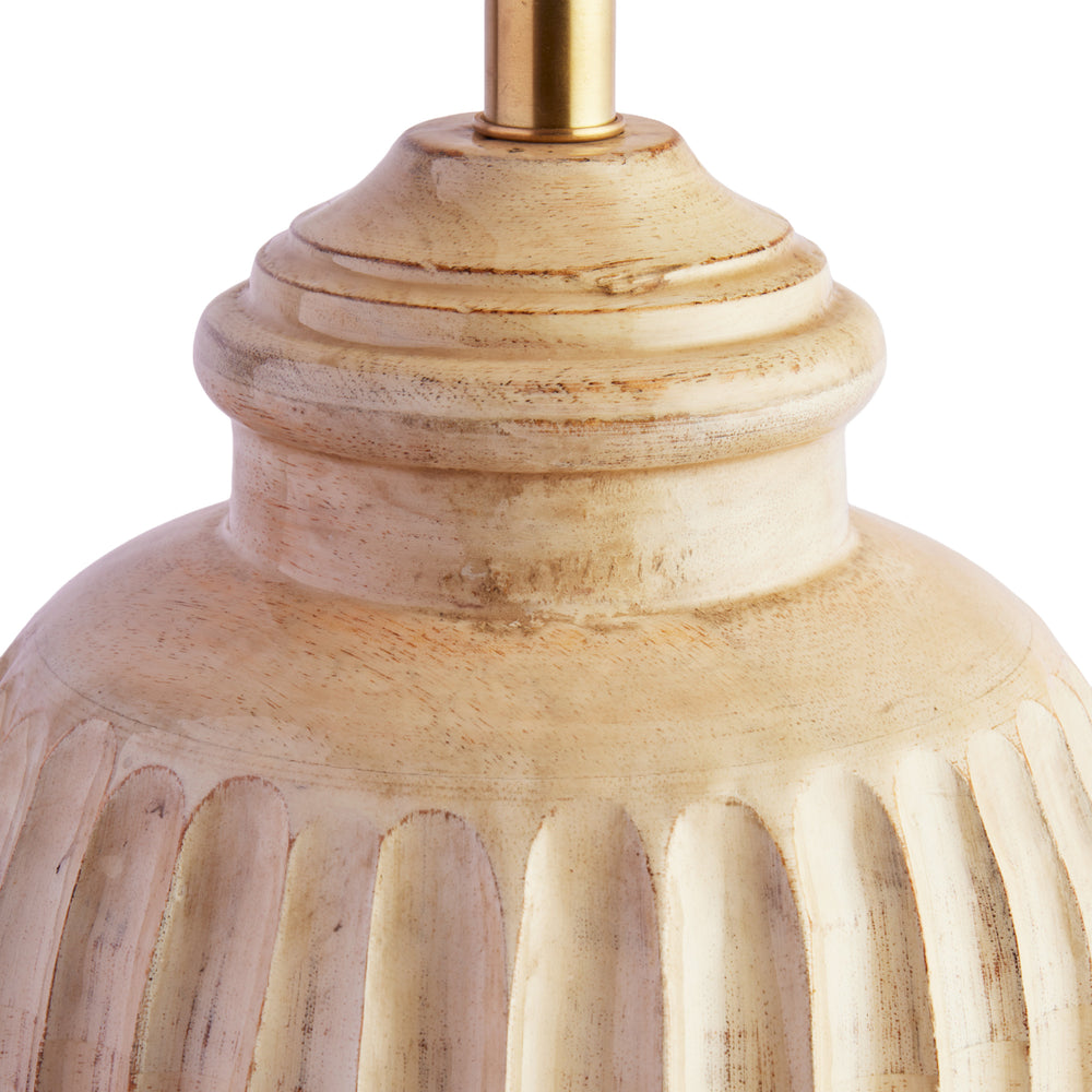 Close-up of Pooky - Smaller Marcie Table Lamp Base - Natural Whitewash showing carved grooves.