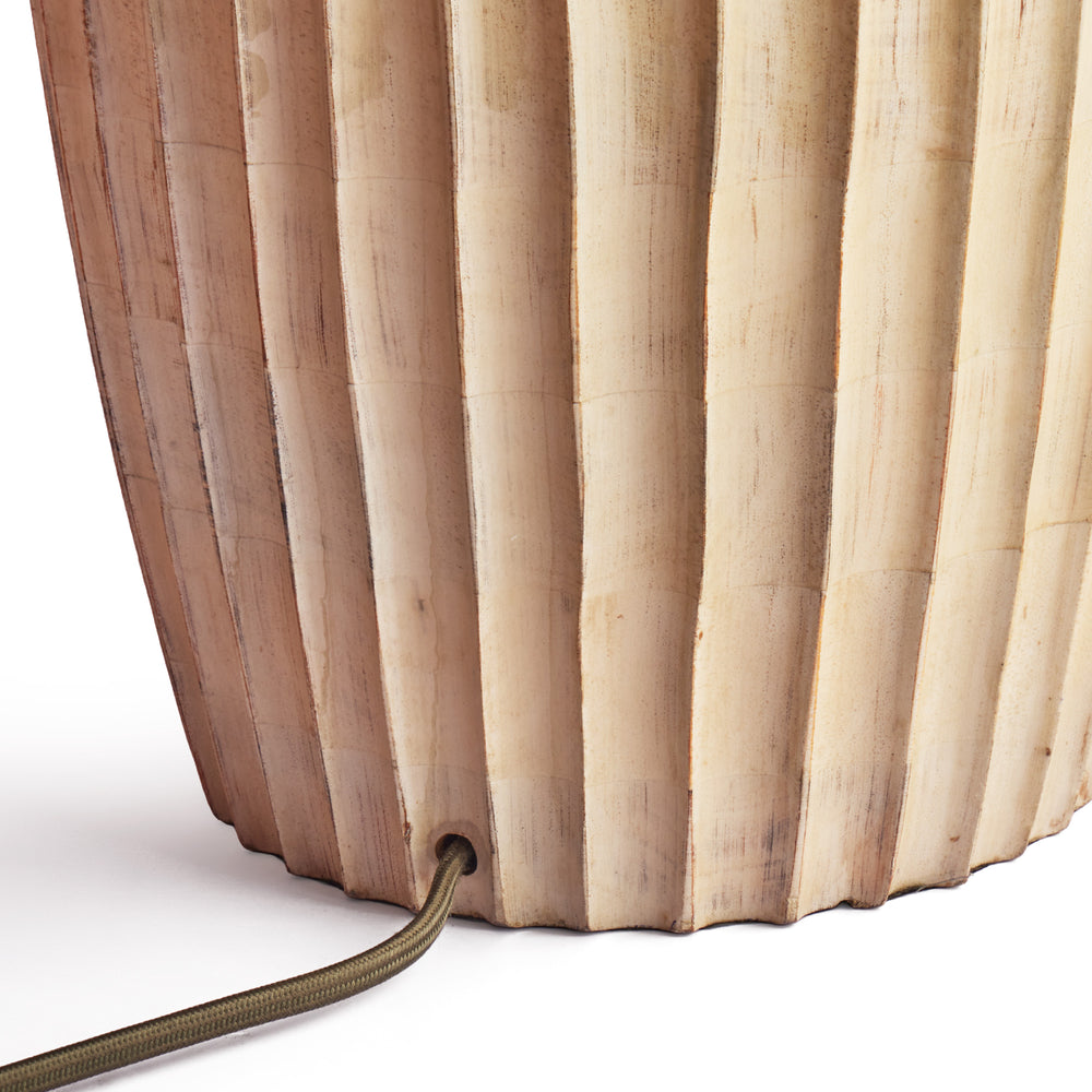 Close-up of Pooky - Larger Marcie Table Lamp Base - Natural Whitewash showing vertical grooves and a fabric cord.