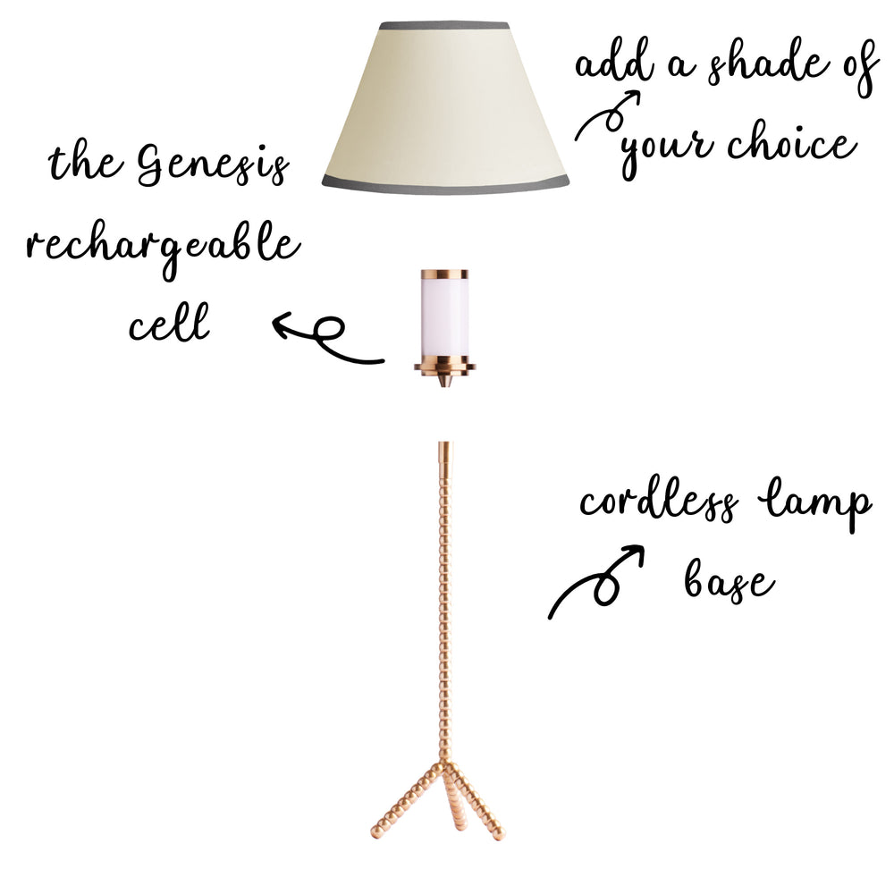 Pooky - Knobble Rechargeable Table Lamp Base - Brass parts breakdown with Genesis cell and shade.