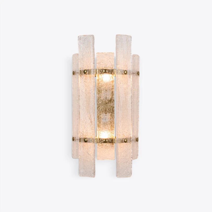 Art Deco Pure White Lines Tahli wall light featuring crackled glass panels and minimal brass fittings.