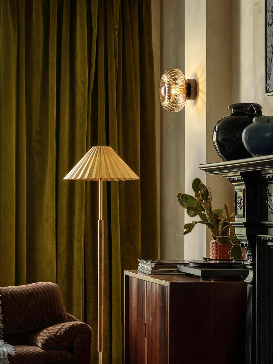 Industville - Chelsea Glass Round Diffuser Wall Light - Mocha - Ribbed Glass Shade - Bronze Holder