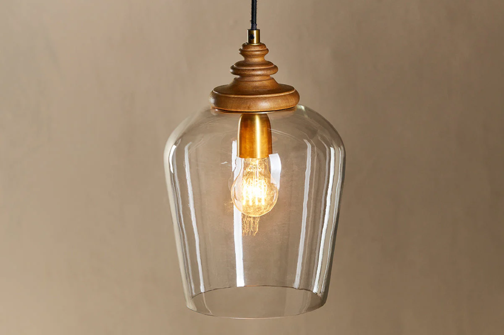 Nkuku Varuna Mango Wood & Glass Pendant Lamp - Natural & Clear