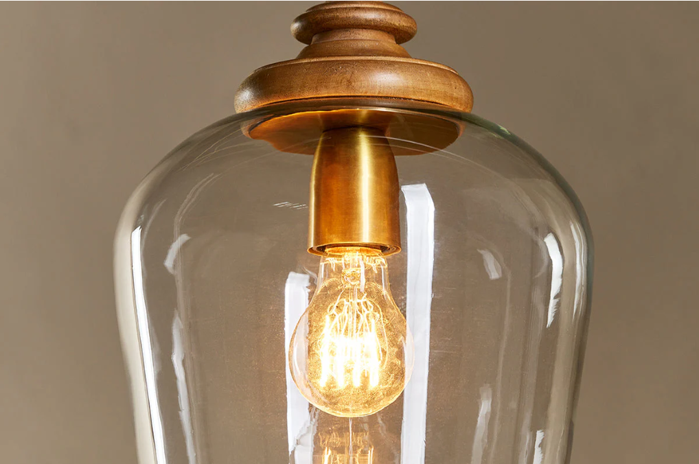 Nkuku Varuna Mango Wood & Glass Pendant Lamp - Natural & Clear
