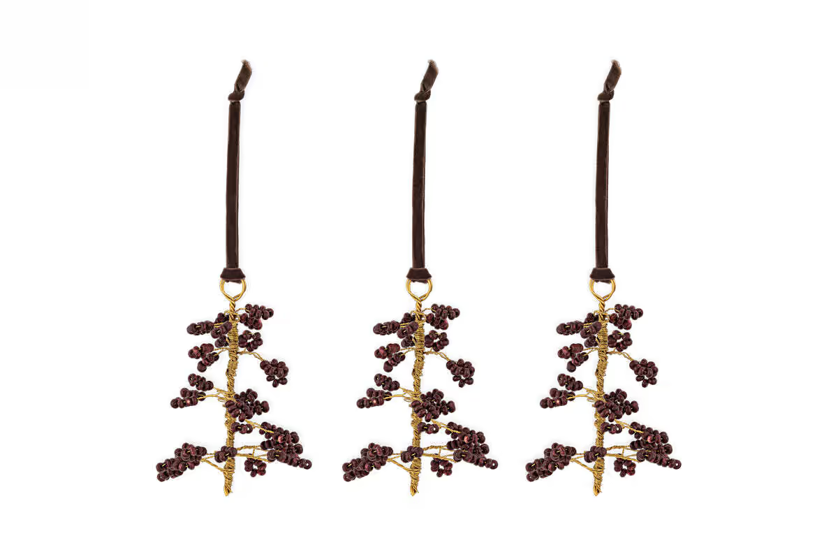 Nkuku - Tanu Mango Wood Beaded Baubles - Brass & Ruby (Set of 3)