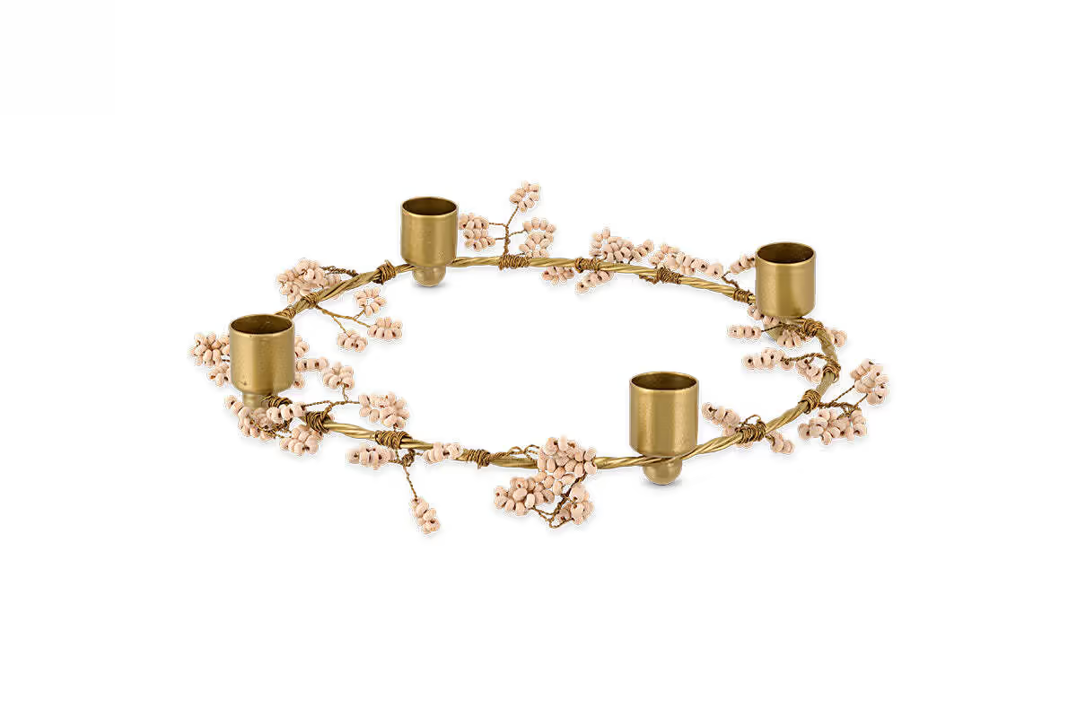Nkuku - Tanu Mango Wood Beaded Candle Holder - Brass & Natural