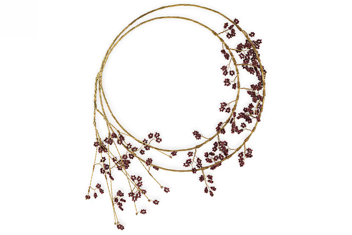 Nkuku - Tanu Layered Mango Wood Beaded Wreath - Brass & Ruby
