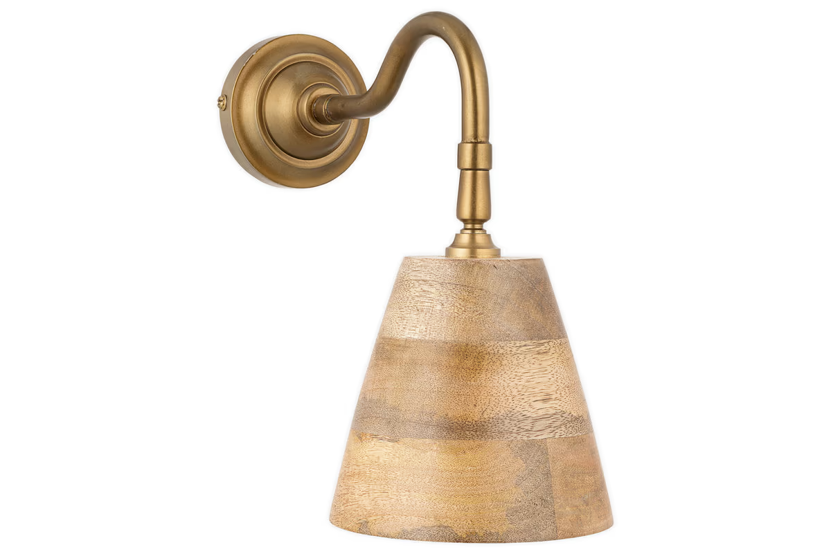 Nkuku - Vattu Mango Wood Wall Lamp - Natural & Antique Brass - With Plug