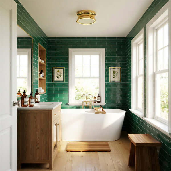 Pooky - Blanchard ip44 Flush Ceiling Light - Brass and Glass illuminating a stylish bathroom with green tiles.