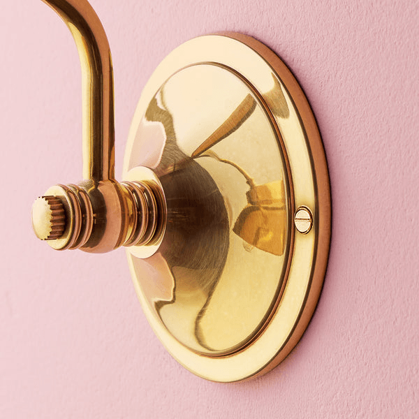 Pooky - Carmel Wall Light - Antiqued Brass Finish close-up view of the wall mount with polished brass detail