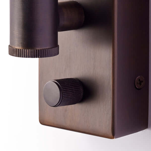 Pooky - Conrad Articulated Wall Light in Bronze with Brass Hood - Bronze and Brass detail showing switch and adjustment knob.