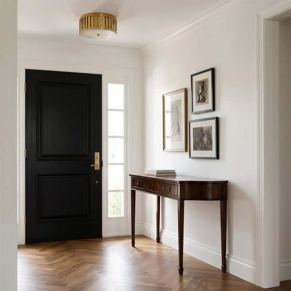 Pooky - Crenel Flush Ceiling Light - Alabaster and Brass illuminating a stylish entrance hallway.