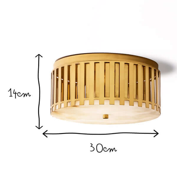 Pooky - Crenel Flush Ceiling Light - Alabaster and Brass dimensions with a 30cm width and 14cm height.