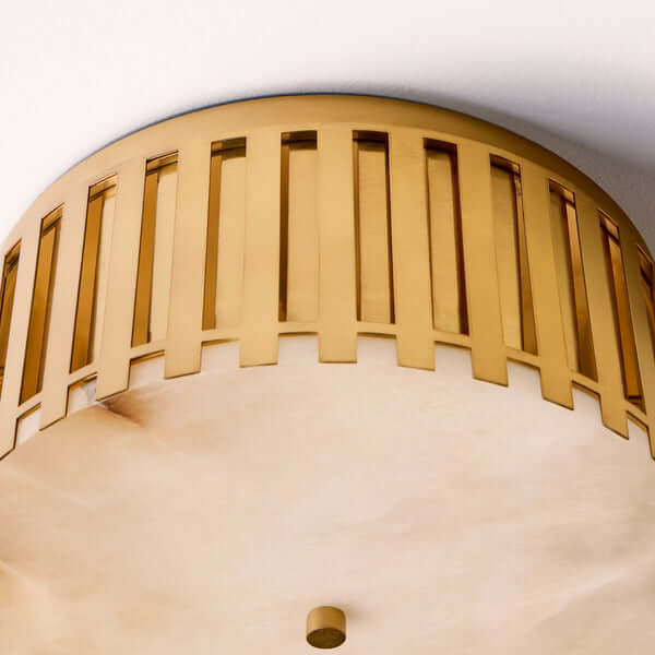 Pooky - Crenel Flush Ceiling Light - Alabaster and Brass close-up showing brass design and alabaster details.