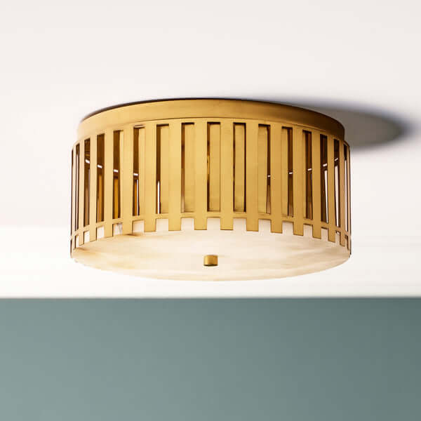 Pooky - Crenel Flush Ceiling Light - Alabaster and Brass showcasing its brass and geometric design