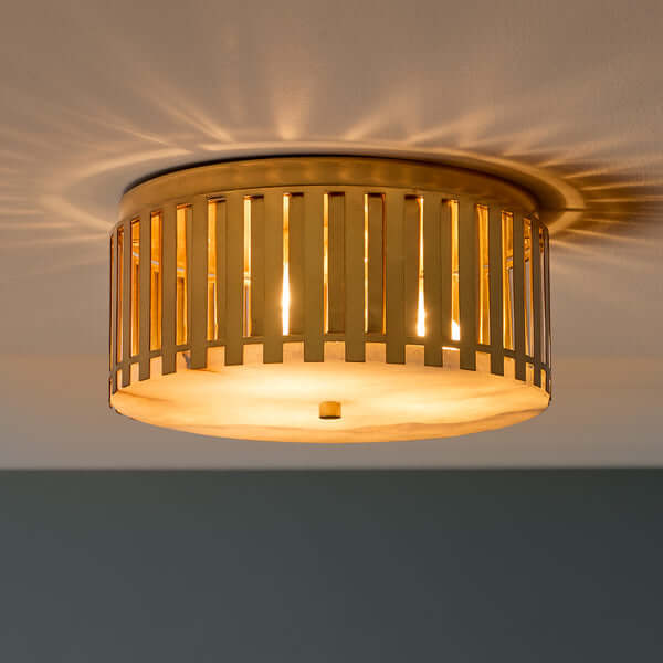Pooky - Crenel Flush Ceiling Light - Alabaster and Brass showcasing chic brass design and soft alabaster glow.