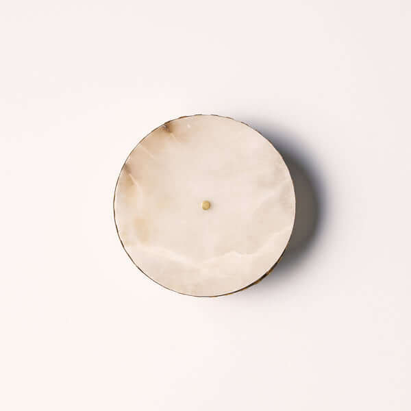 Pooky - Crenel Flush Ceiling Light - Alabaster and Brass with soft glow and geometric design.
