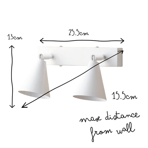 Pooky - Crick Double Wall Spotlight - Paintable Finish with dimensions 13cm height, 25.5cm width, and 15.5cm distance from wall.
