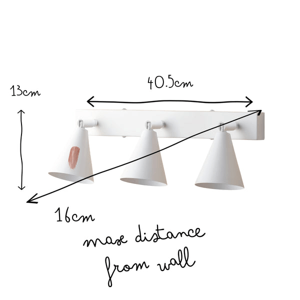 Pooky - Crick Triple Wall Spotlight - Paintable Finish displaying dimensions and features for versatile wall lighting.