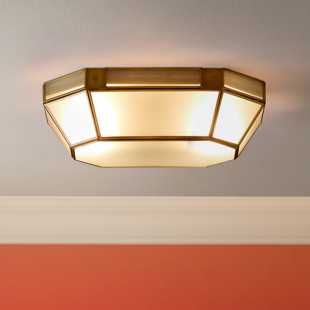 Pooky Hezion IP44 Flush Ceiling Light in Brass and Frosted Glass