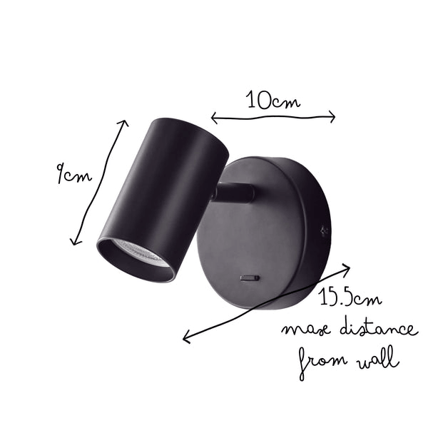 Pooky - Lewis single Wall Light - Black - With switch showcasing dimensions 10cm width, 15.5cm max distance from wall.