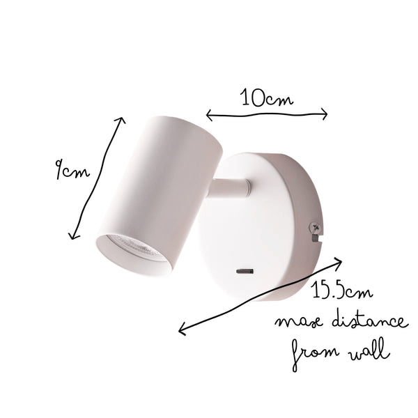 Pooky - Lewis single Wall Light - White - With switch dimensions showing 10cm width, 15.5cm max distance from wall.