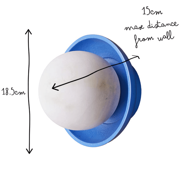 Pooky - Luna Wall Light - Klein Blue with alabaster globe and blue ceramic dish, dimensions 18.5 cm height.