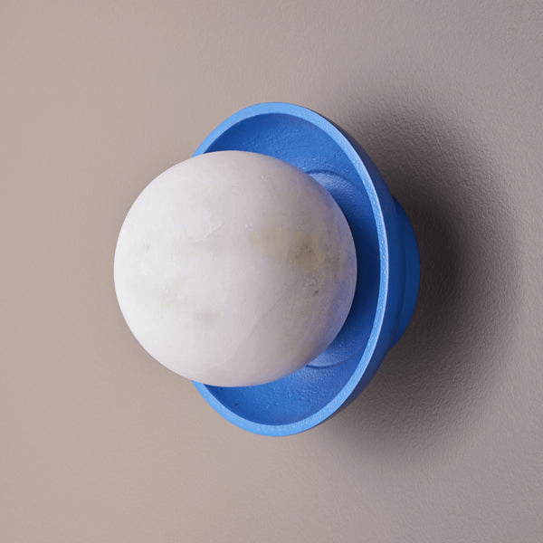 Pooky - Luna Wall Light - Klein Blue mounted lamp with alabaster globe and blue ceramic dish.