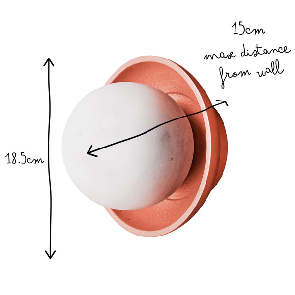 Pooky - Luna Wall Light - Terracotta Finish dimensions with soft glow and ceramic dish details.