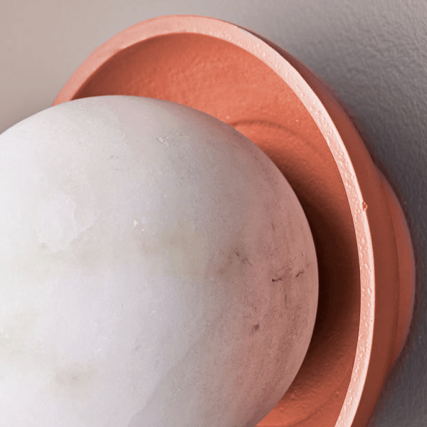Pooky - Luna Wall Light - Terracotta Finish with alabaster globe and terracotta wall-mounted dish.