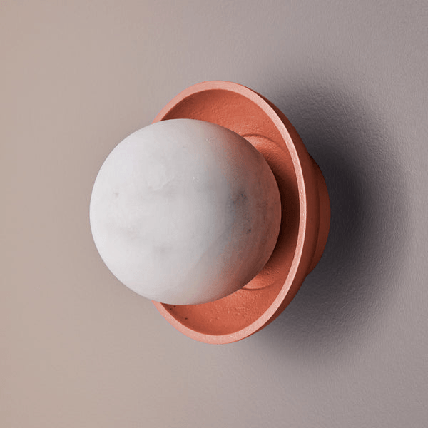 Pooky - Luna Wall Light - Terracotta Finish featuring a white alabaster globe in a terracotta ceramic mount.