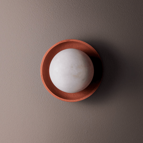 Pooky - Luna Wall Light - Terracotta Finish with alabaster globe and ceramic dish on wall.
