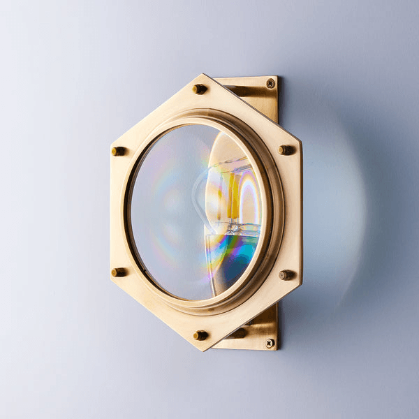 Pooky - Poirot Wall Light - Brass And Glass featuring a brass frame and a large magnifying glass lens.