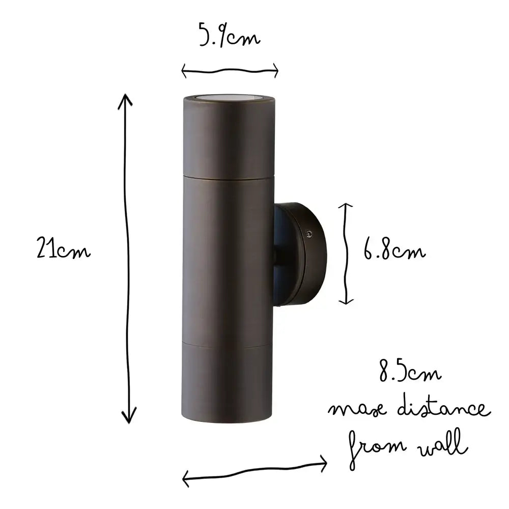 Pooky Portreath IP65 Up and Down Pillar wall light in Bronze dimensions: 21cm height, 5.9cm width, 8.5cm from wall.