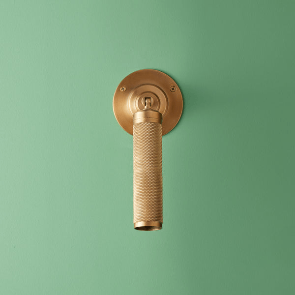 Pooky - Quantum Single Wall Light - Antiqued Brass mounted on a green wall, showcasing the elegant knurled design.