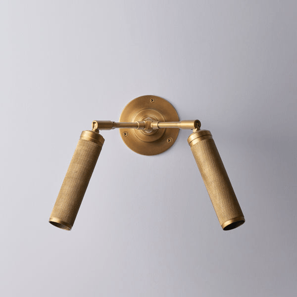 Pooky - Quantum Double Wall Light - Antiqued Brass featuring knurled spotlights and elegant design.