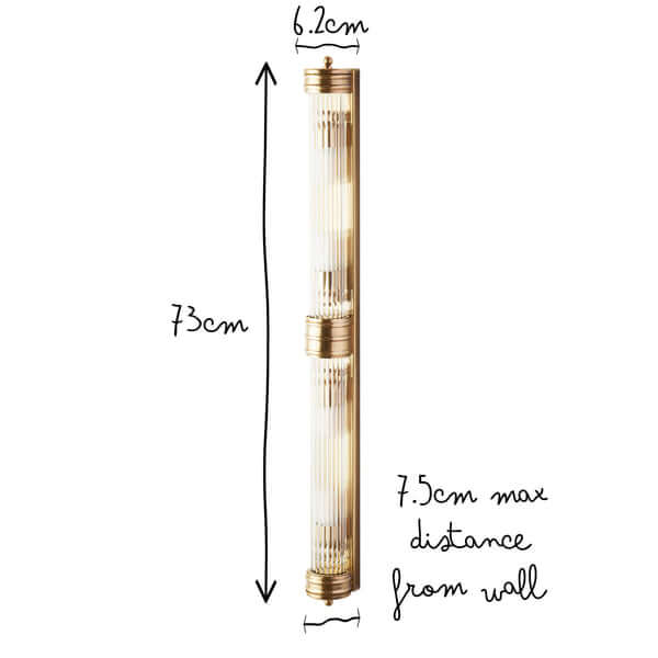 Pooky - Rodtastic ip44 Wall Light - Brass with Glass Rods dimensions shown: height 73cm, width 6.2cm, depth 7.5cm.