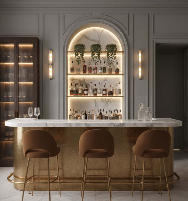 Pooky - Rodtastic ip44 Wall Light - Nickel and Glass elegantly illuminating a stylish home bar with shelves of liquor.