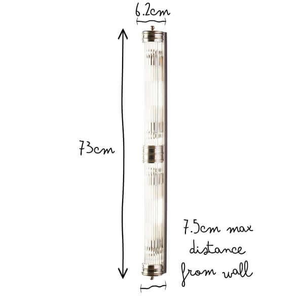 Pooky - Rodtastic ip44 Wall Light - Nickel and Glass dimensions showing height of 73cm and depth of 7.5cm from wall.