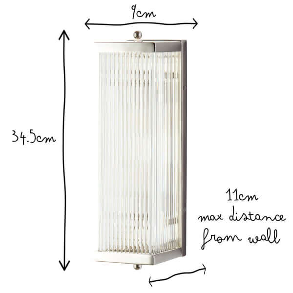 Pooky - Rectangular Roddy ip44 Rated Wall Light - Nickel and Glass dimensions diagram showing height and width.