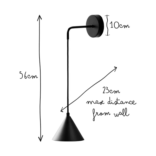 Pooky - Sway Wall Light - Black showcasing dimensions and design details in a stylish setting.