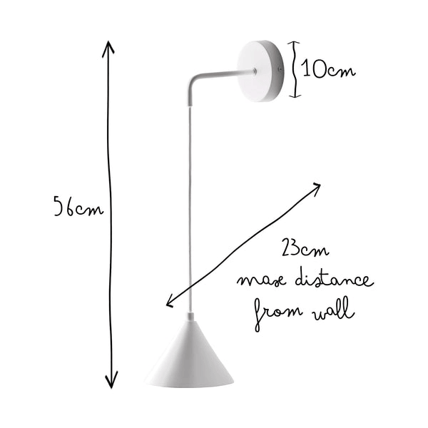 Pooky - Sway Wall Light - White with dimensions 56cm height, 14cm width, and 23cm max distance from wall.