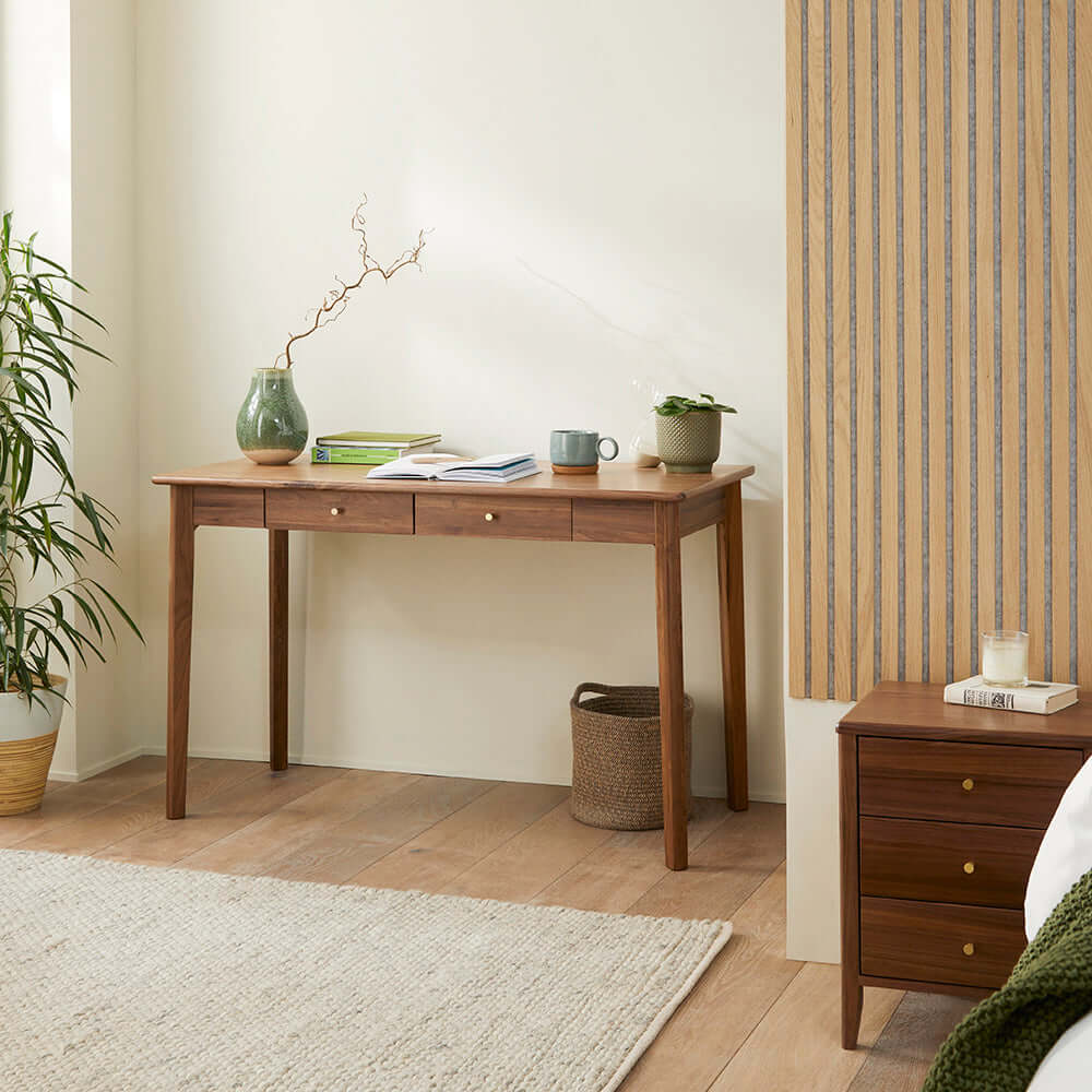 Fishe & Lilly Wright Walnut Desk and Dressing Table featuring a rich dark walnut finish and two drawers in a home office.