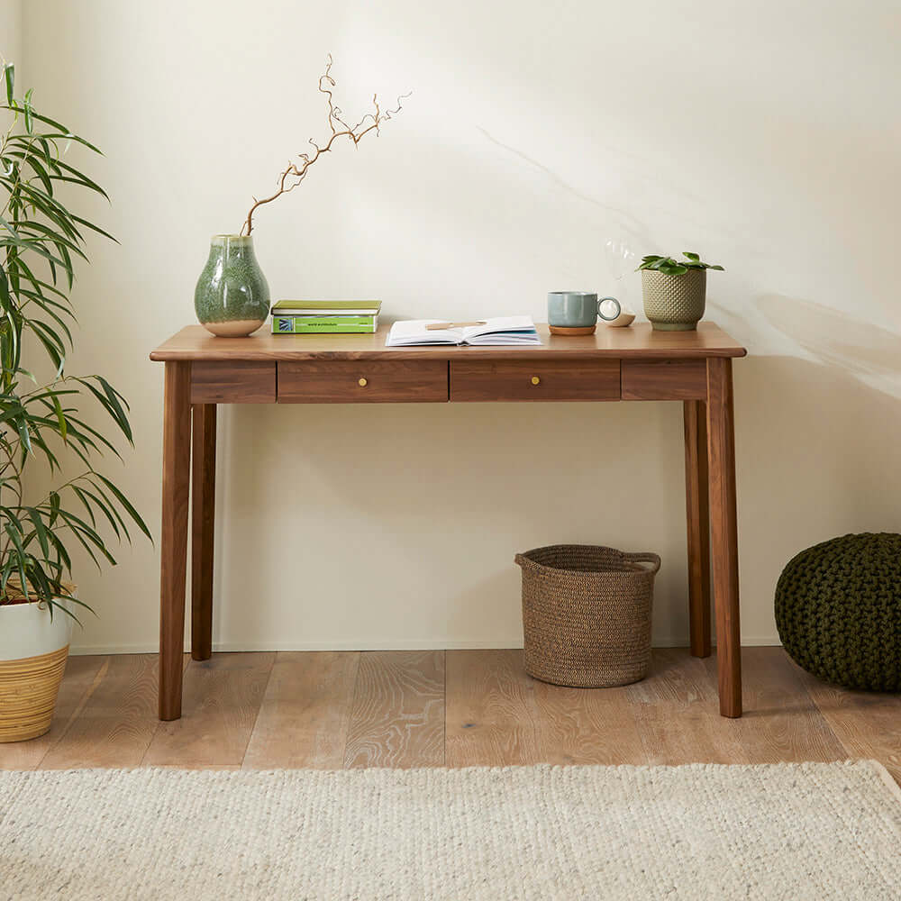 Mid-century Fishe & Lilly Wright Walnut Desk and Dressing Table with two drawers and tapered legs.