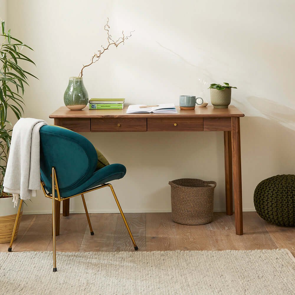 Mid-century Fishe & Lilly Wright Walnut Desk and Dressing Table with teal velvet chair.