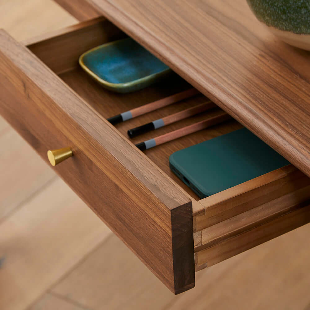 Open drawer of the Fishe & Lilly Wright Walnut Desk and Dressing Table showing solid wood runners.