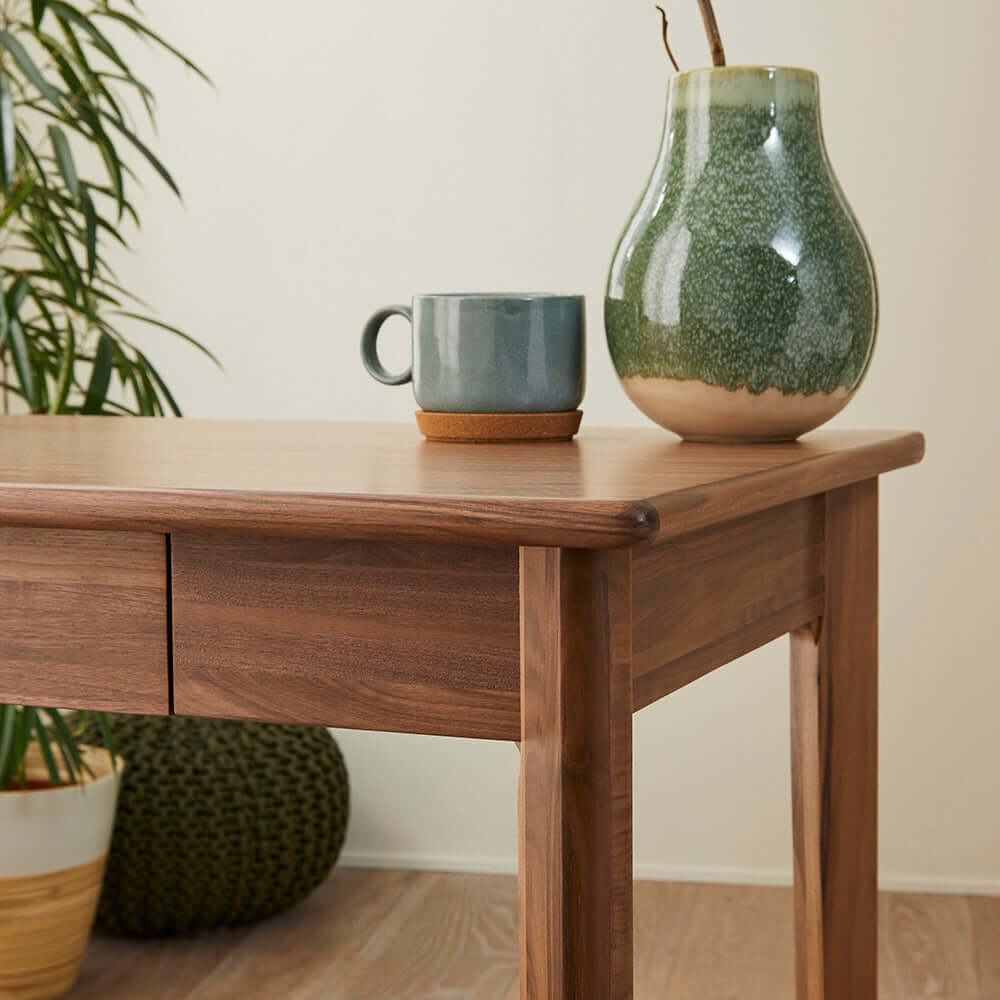 Fishe & Lilly Wright Walnut Desk and Dressing Table close-up highlighting the rich dark walnut finish and integrated drawer.