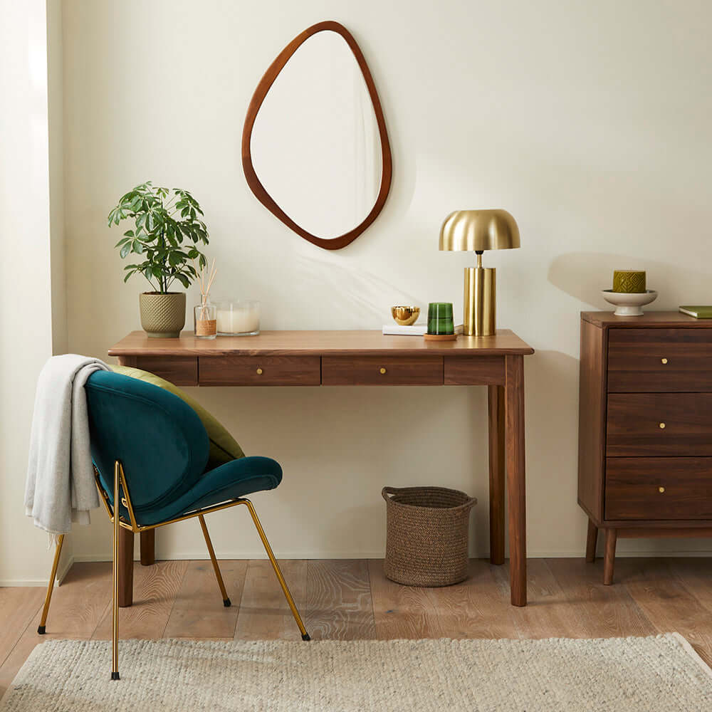 Mid-century Fishe & Lilly Wright Walnut Desk and Dressing Table featuring a rich dark walnut finish and two drawers.