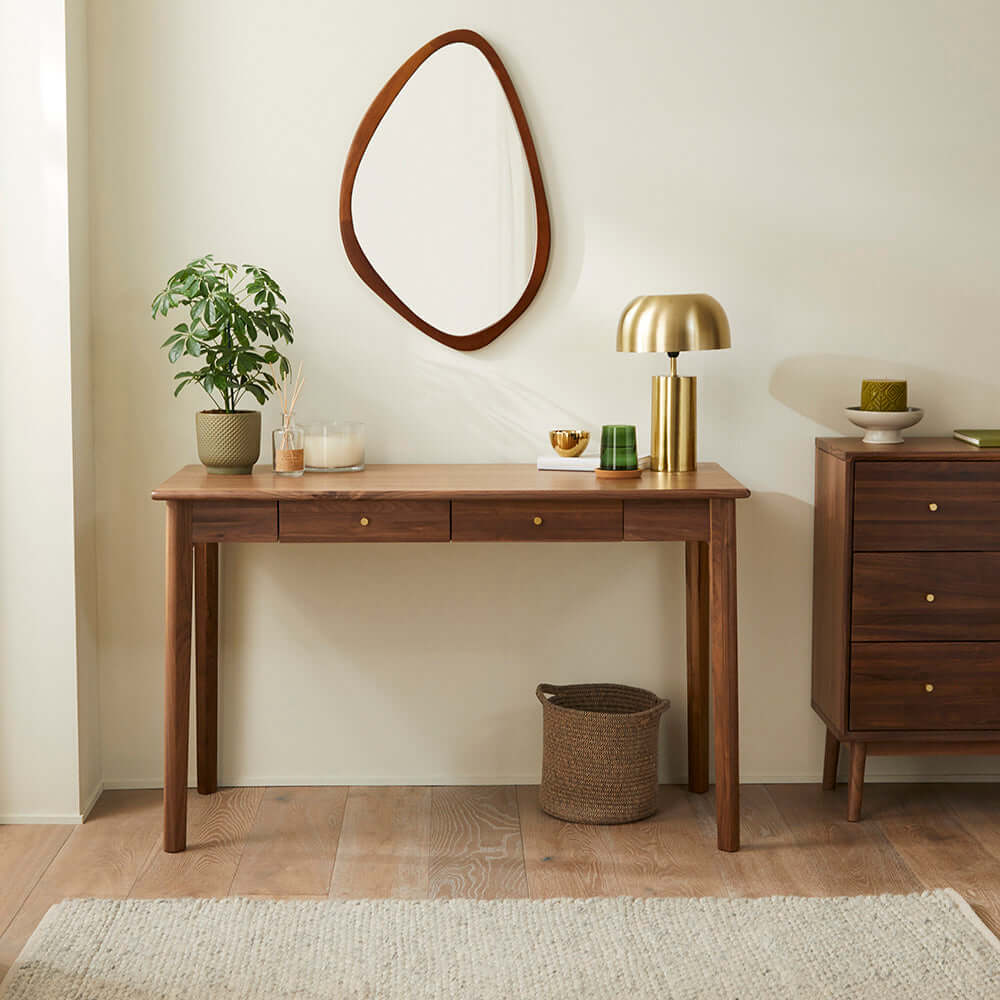 Fishe & Lilly Wright Walnut Desk and Dressing Table with two drawers and tapered legs.